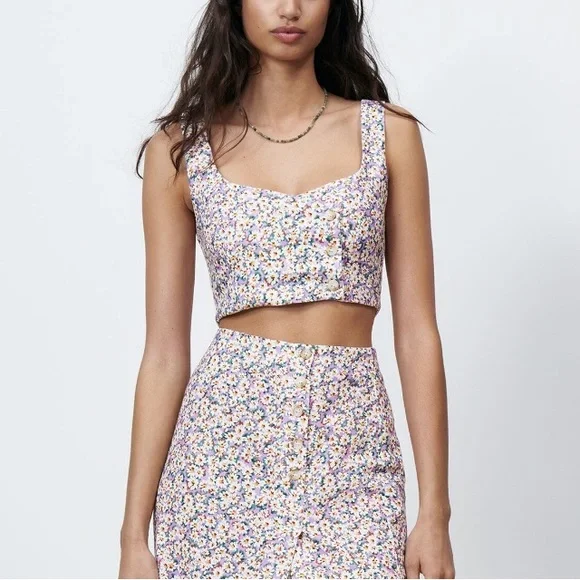 Zara Linen Blend Flower Crop Top - Picture 1 of 3
